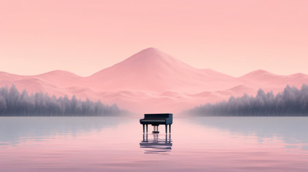 Piano on the lake with mountains in the background, 3d renderの素材