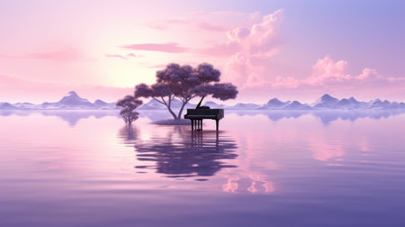 Piano in the middle of the lake at sunset - 3d renderの素材