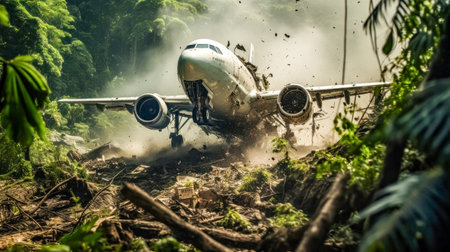 A plane crashing and falling apart in the forest. War or plane crash concept.の素材
