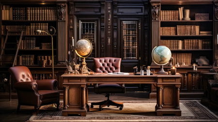 Luxury library interior with bookshelf, leather armchair, table lamp and globeの素材