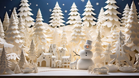 Christmas background with snowman, houses, trees and snowflakesの素材