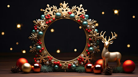 Christmas wreath with golden deer on wooden background. 3d renderingの素材