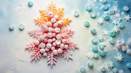 Christmas tree made of snowflakes and marshmallows on a blue backgroundの素材