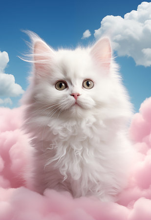Cute white persian kitten sitting on pink cloud with blue sky backgroundの素材
