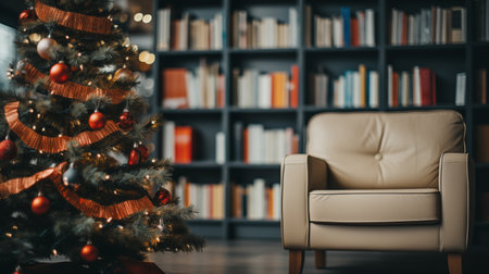 Comfortable armchair with Christmas tree and bookshelf in the backgroundの素材