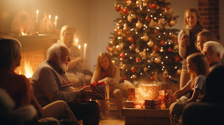 Happy family sitting near Christmas tree and exchanging gifts in living room at homeの素材