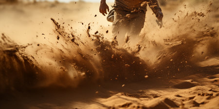 Close-up of a man running through sand in a dirt track. Closeup of a man splashing mud in the desert. Mixed mediaの素材