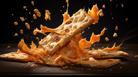 Cheese and crackers falling into the air on a black backgroundの素材