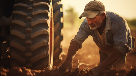 Farmer with tractor preparing land for planting in the field at sunsetの素材