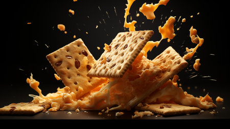 Crackers and splash of cheese on black background, close-upの素材