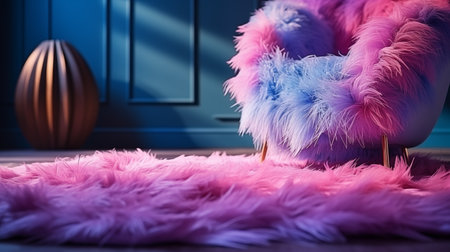Comfortable armchair with pink fur on floor in room at nightの素材