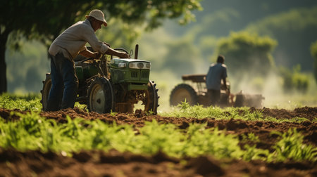Farmer with tractor plowing field in the morning. Tractor preparing landの素材