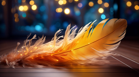 Colorful feather on wooden floor with bokeh lights in backgroundの素材