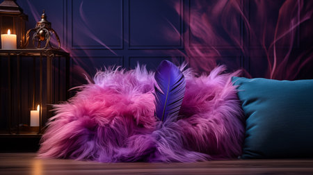 Comfortable sofa with pink feathers and candles on a dark background.の素材
