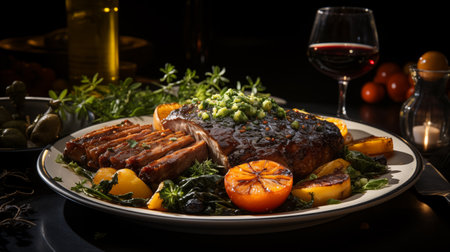 Grilled pork loin steak with vegetables and wine on a black backgroundの素材