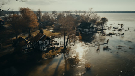 Aerial view of old wooden houses on flooded lake shore.の素材
