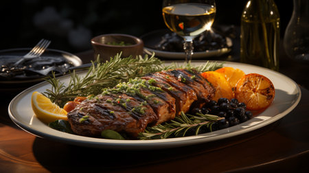 Grilled beef steak presentation. Decorated with a glass of red wine and various vegetables.の素材