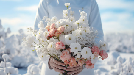 Beautiful bouquet of flowers in the hands of a girl in a white dressの素材