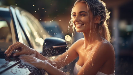 Beautiful young woman washing her car at the car wash and smilingの素材