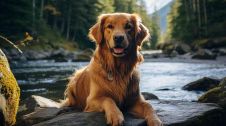 Golden Retriever sitting on a rock by a mountain river.の素材