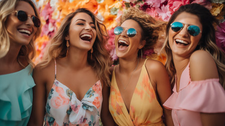 cheerful girls in sunglasses laughing and looking at camera on summer dayの素材