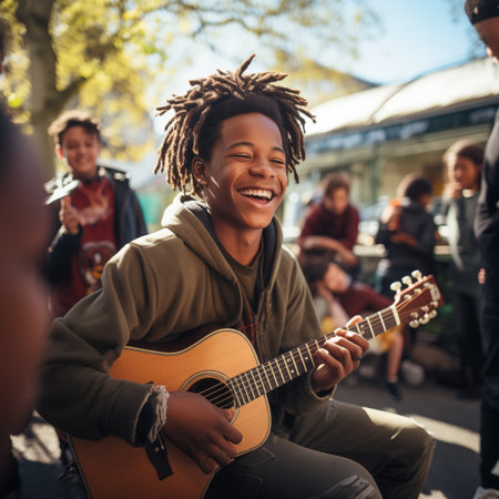 Young african american woman with dreadlocks playing guitar on streetの素材