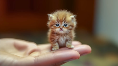 Cute little kitten sitting on human hand. Shallow depth of field.の素材