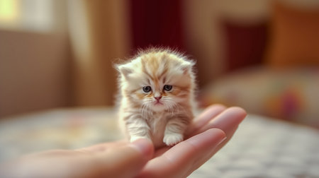 Cute little kitten in the hands of a woman. Selective focus.の素材