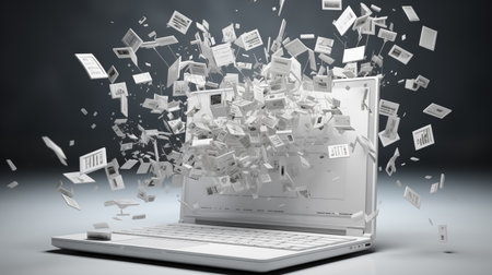 Laptop with flying papers on a gray background. 3d rendering.の素材