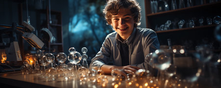 Young chemist working in laboratory. Science and technology concept. Double exposureの素材