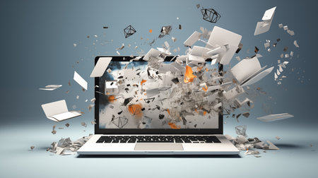 Pieces of paper flying out of a laptop screen 3D renderingの素材