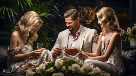 Wedding couple with champagne and bridesmaids in restaurantの素材