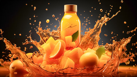 Bottle of orange juice with splashes on black backgroundの素材