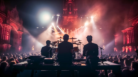 Band performing live on stage in front of a crowd of people.の素材