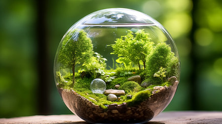 Glass round aquarium with green plants and stones on wooden table, nature backgroundの素材