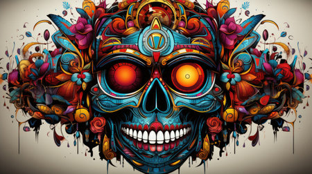 Dia de los muertos colorful skull with floral ornament. A colorful vector illustration inspired by Days of the Dead, Mexico, shapes graffiti.の素材