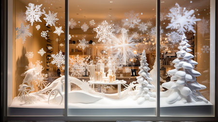 Merry Christmas and Happy New Year in the window of the shop. Shop window with christmas decorations. Christmas and New Year concept.の素材