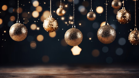 Golden Christmas balls on dark background with bokeh lights and copy spaceの素材