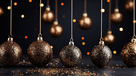 Gold Christmas balls on a black background with bokeh lights.の素材