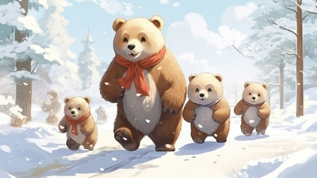 3D illustration of a group of bears in the winter forest.の素材