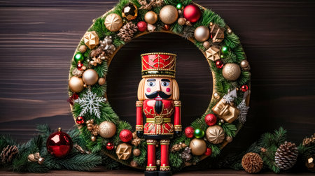 Christmas decoration with nutcracker on wooden background. Christmas greeting card.の素材