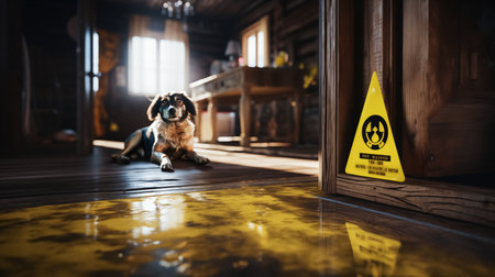Cute dog sitting in front of a yellow warning sign on the floorの素材