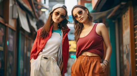 Two stylish young women in sunglasses walking in the city street. Stylish girls in sunglassesの素材