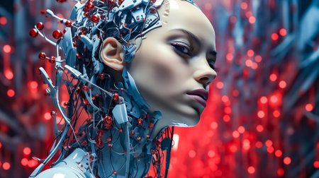 3D rendering of a female robot with red lights in the backgroundの素材