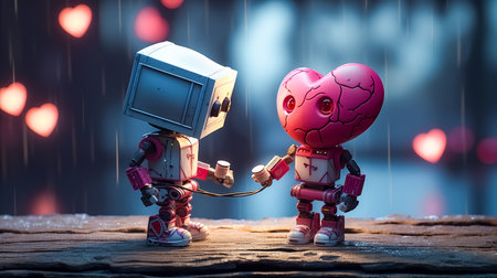 Valentine's day concept. Cute little robot with old TV in the rain.の素材