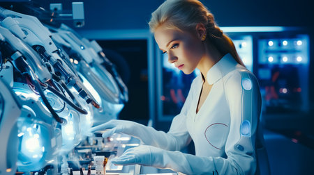 Serious young female scientist working on a nanotechnology model in a laboratoryの素材