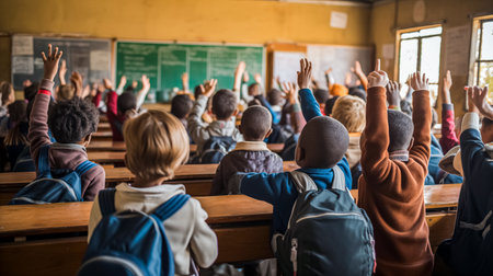 back view of school kids raising hands while sitting in classroom during lesson. Primary school students are sitting at their desks in the classroom.の素材