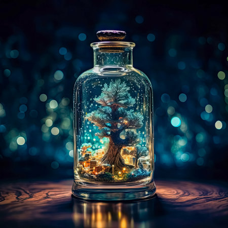 Christmas tree in a glass bottle on a background of bokeh. 3D Renderingの素材
