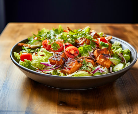 salad with lettuce, tomato and grilled chicken on a wooden tableの素材