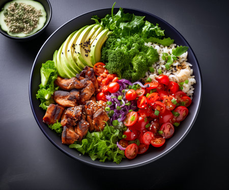 Hawaiian poke bowl with chicken, rice, avocado, tomatoes and cucumberの素材